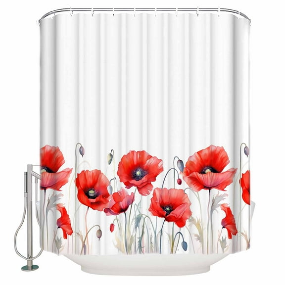 Fabric Shower Curtain, Spring Floral Watercolor Red Poppy Botanical Plant Shower Curtains with 12 Hooks Waterproof Machine Washable Bath Curtains for Bathroom,48x 72in