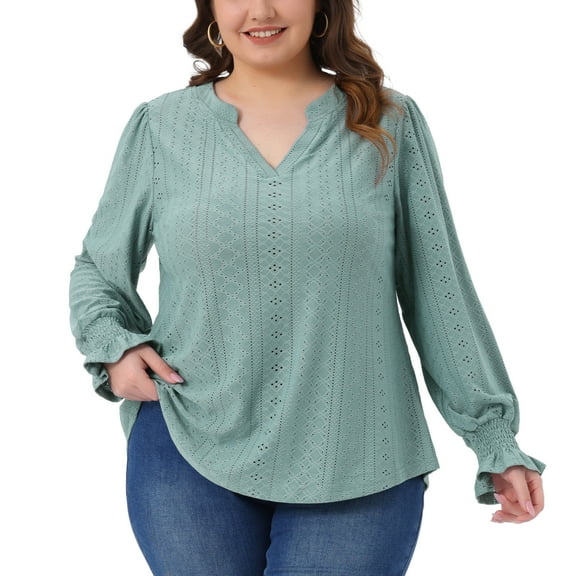 DARING DIVA Women's Plus Notched V Neck Eyelet Smocked Shirts Blouses 1X Bean Green