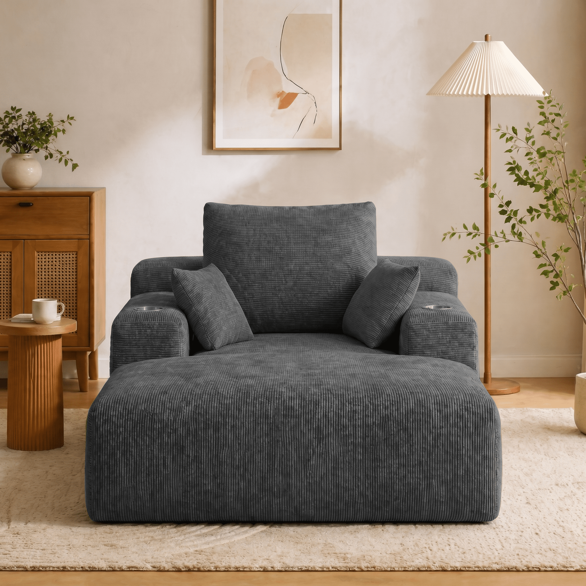 GARITIN Chaise Lounge Sofa 71 Inch, Corduroy Oversized Deep Seat Lounge Chair with Cup Holders and Storage Pocket for Living Room Bedroom, Black