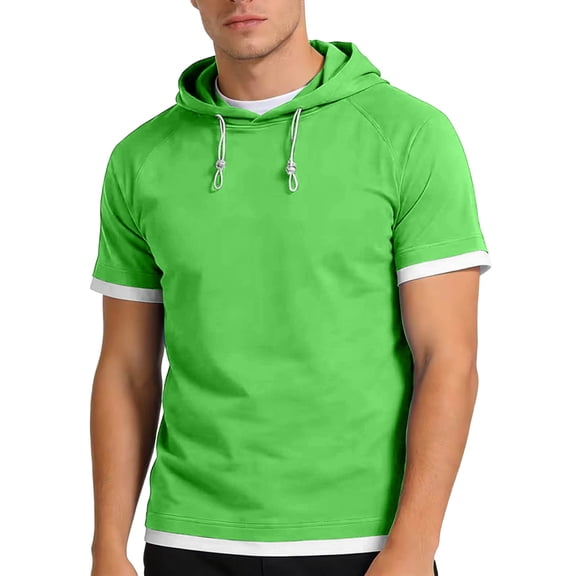 Chiccall Mens Short Sleeve Hoodie Casual Cotton Patchwork Hooded T Shirts Summer Breathable Outdoor Workout Shirts Pullover