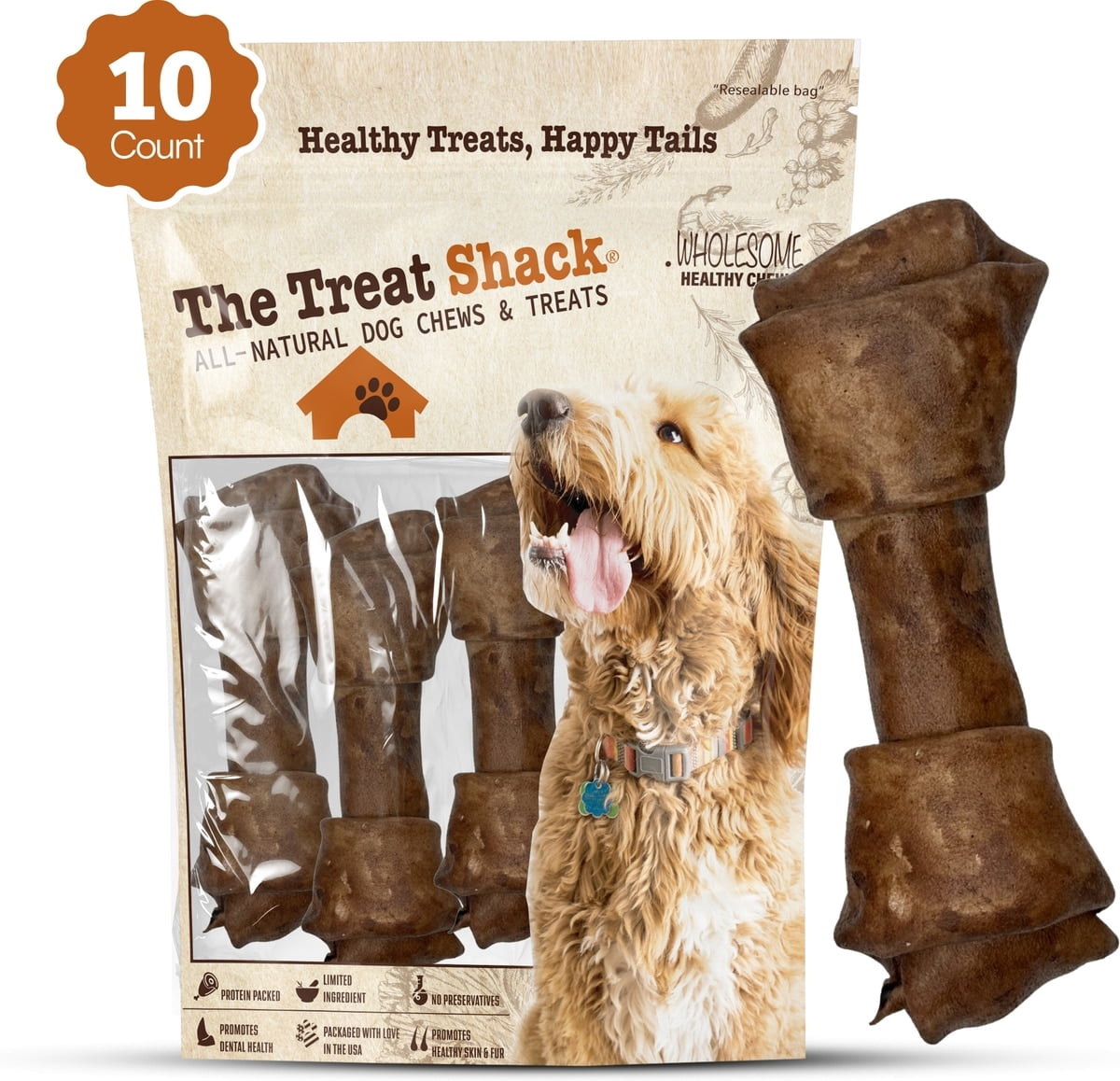 Knotted 8 to 9-in Beef Flavor Rawhide Bone Dog Treats, 10 CT