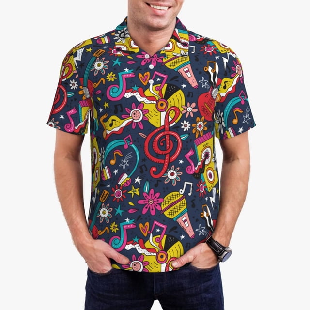 Balery Rock Music Camisa Polo de Hombre con Estampado, de Manga Corta y Tejido Medio, Camisa Tipo Golf Polo-Large
