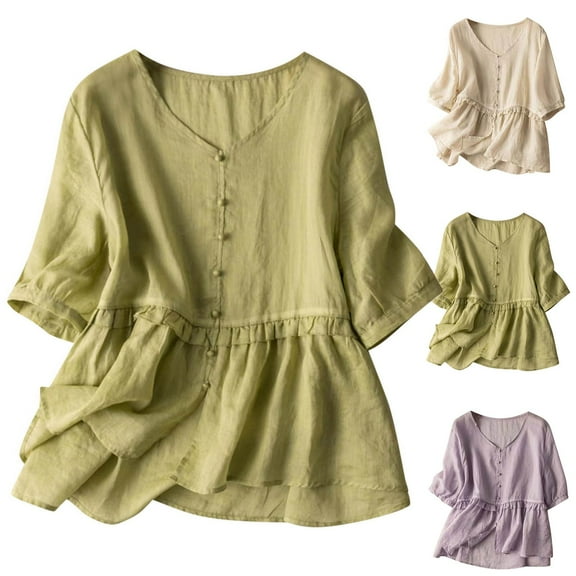 Zynoxe Spring Tops for Women Casual V-neck 3/4 Sleeves Ruched Button Flowy Oversized T-shirt for Women Solid Color Loose-fitting Cotton Linen Patchwork Ruffled Womens Tees