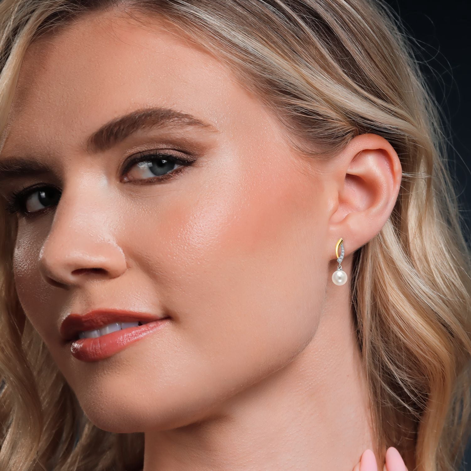 Gem Stone King 925 Sterling Silver and 10K Yellow Gold 7MM Round Cultured Freshwater Pearl and Lab Grown Diamond Dangle Earrings for Women
