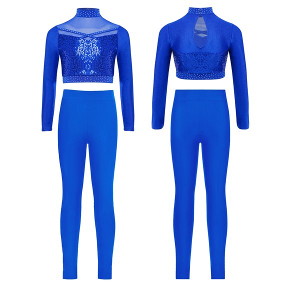 inlzdz Kids Girls Sequin Crop Top with Leggings 2 Piece Ballet Jazz Dance Outfit Gymnastics Workout Tracksuit Royal Blue 8