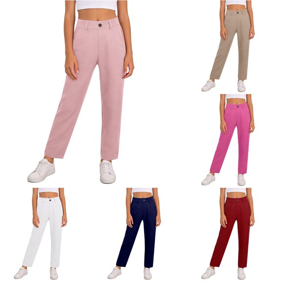 Ulitacool Pants For Girl 7-8 Years Empire Waist Straight Leg Dress High Stretchy With Pockets Wear Pink
