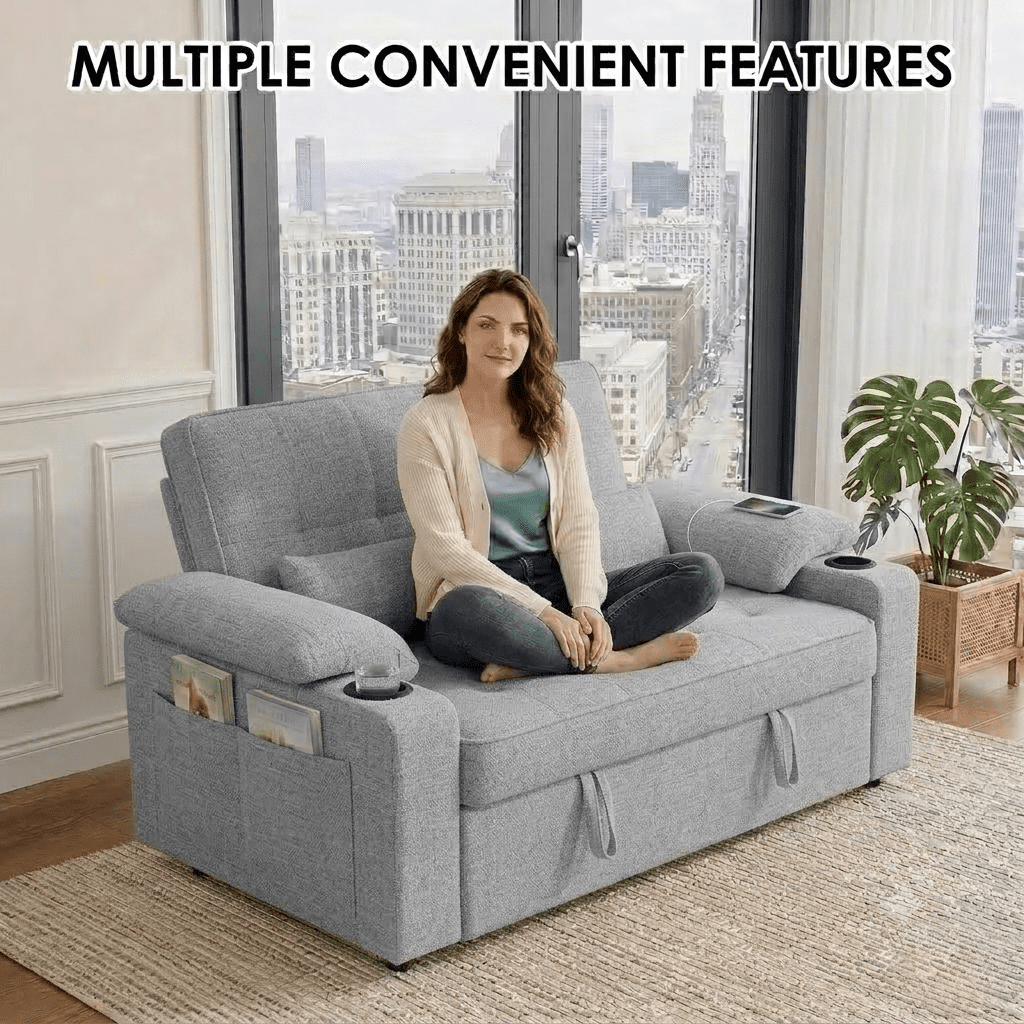 58" Convertible Sofa Bed Pull Out Couch Sleeper Loveseat with Teddy Fabric USB Charging Ports Adjustable Backrest Cup Holders and Side Pocket for Living Room Apartment Small Spaces,Light Grey