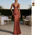 thumbnail image 2 of Olive Green Satin Mermaid Evening Gown With V-Neck And Ruched Bodice, 2 of 6