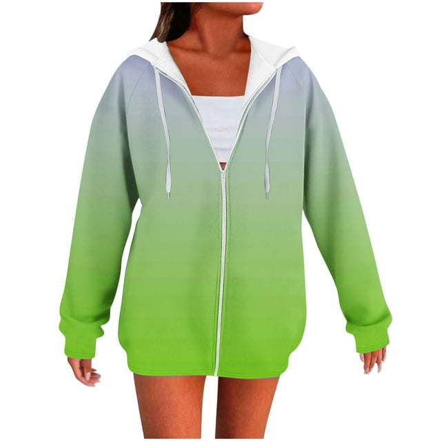 WRKEKC Womens Zip Up Hoodie Gradient Print Raglan Sleeve Hooded Sweatshirt with Drawstring Side Pockets Long Sleeve Fall and Winter Outerwear