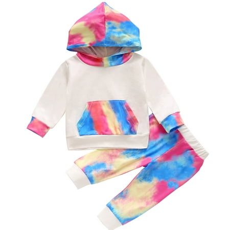 

Leesechin Toddler Tops Long Sleeve Clearance Infant Baby Girls Hooded Long Sleeve Rainbow Tie-Dyed Print Tops+Pants Outfits