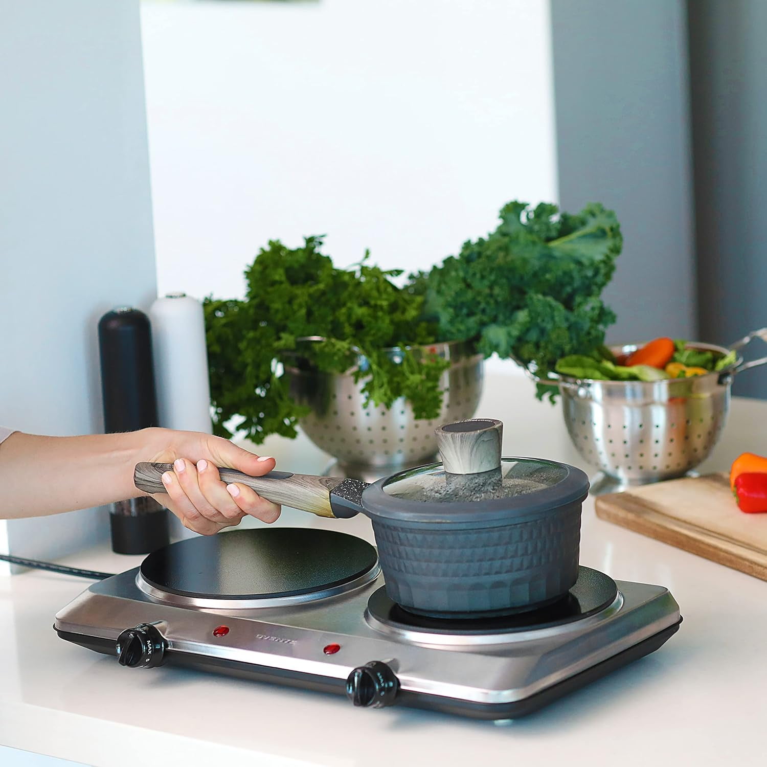 Countertop Infrared Double Burner, 1500W Electric Hot Plate with 7.5" Ceramic Glass Cooktop, 6 Level Temperature Control, Silver