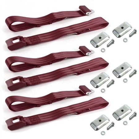 SafeTboy Standard 2 Point Burgundy Lap Bench Seat Belt Kit with Bracketry for 1982-1992 Camaro - 3 Belts