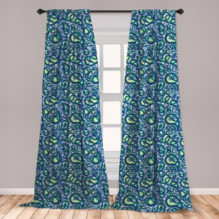 Paisley Curtains 2 Panels Set, Ocean Waves Like Design with Big and Small Raindrops Inspired Artwork, Window Drapes for Living Room Bedroom, Blue and Green, by Ambesonne