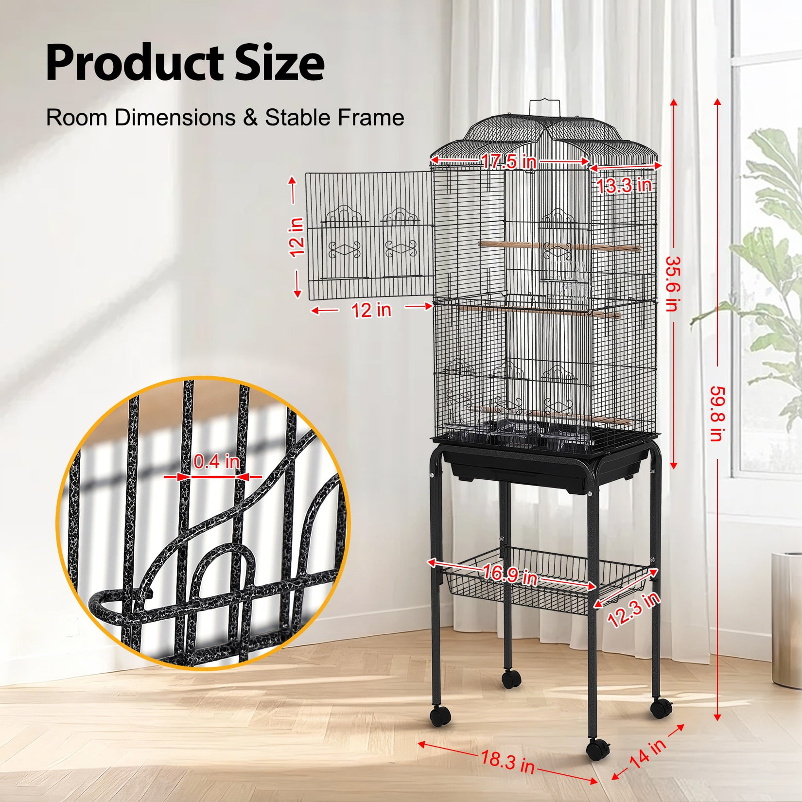 Multi-Level Metal Bird Cage with Storage Shelf & Rolling Stand – 4 Access Doors, Removable Tray, Perches, Food Bowls, Durable, Easy Clean, Detachable Stand – Model 6103H+B2
