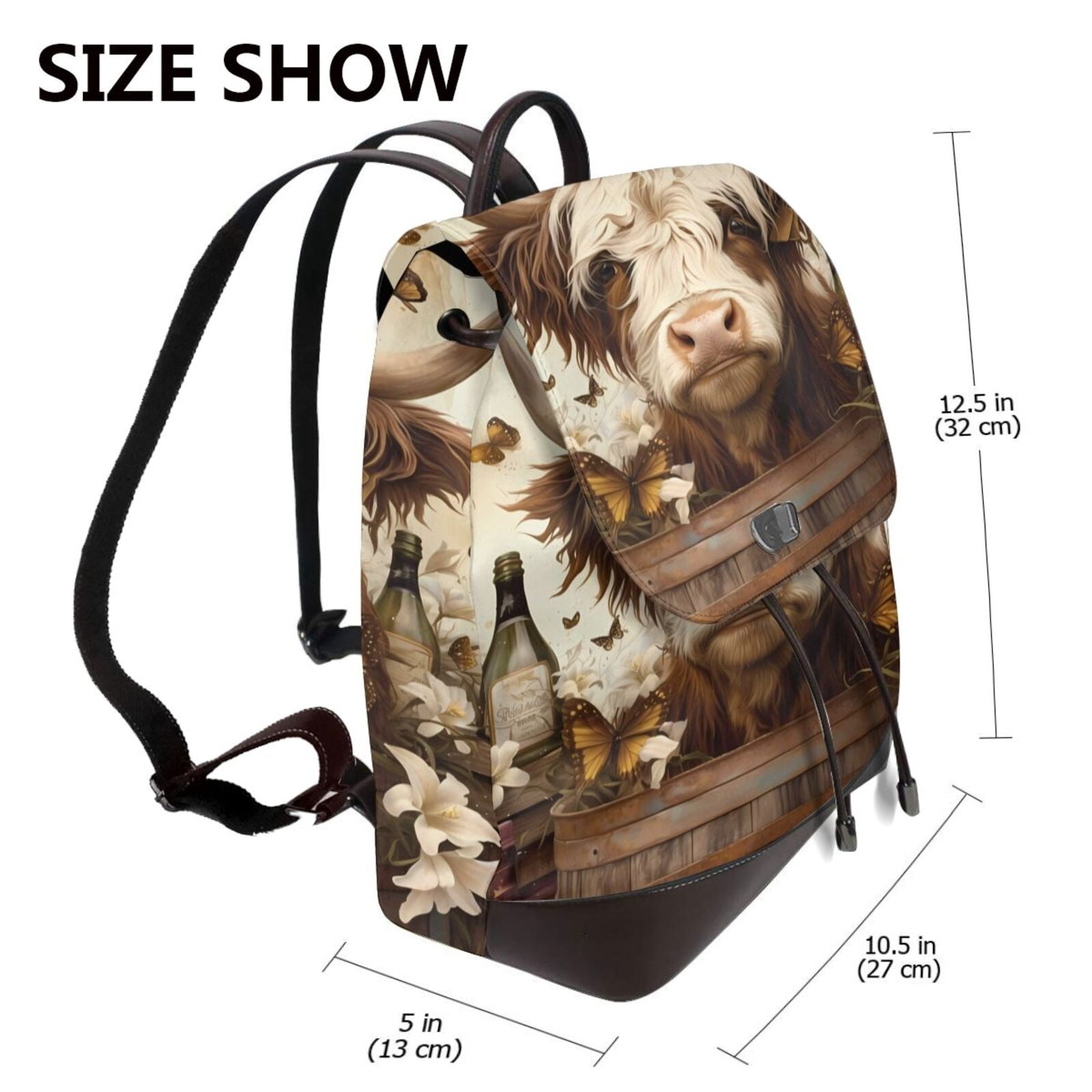 Kuqiui Butterfly Cow Barrel Print Leather Backpack Purse For Women Fashion Ladies Vintage Bags Casual College Travel Backpacks bag