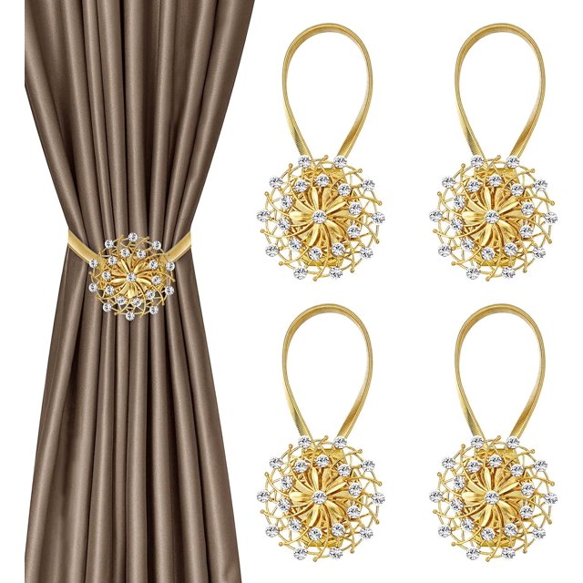 2 piezas de alzapaños magnéticos para cortinas, alzapaños para cortinas con flores de cristal magnéticas, alzapaños decorativos para cortinas sin perforaciones con alambre de resorte de