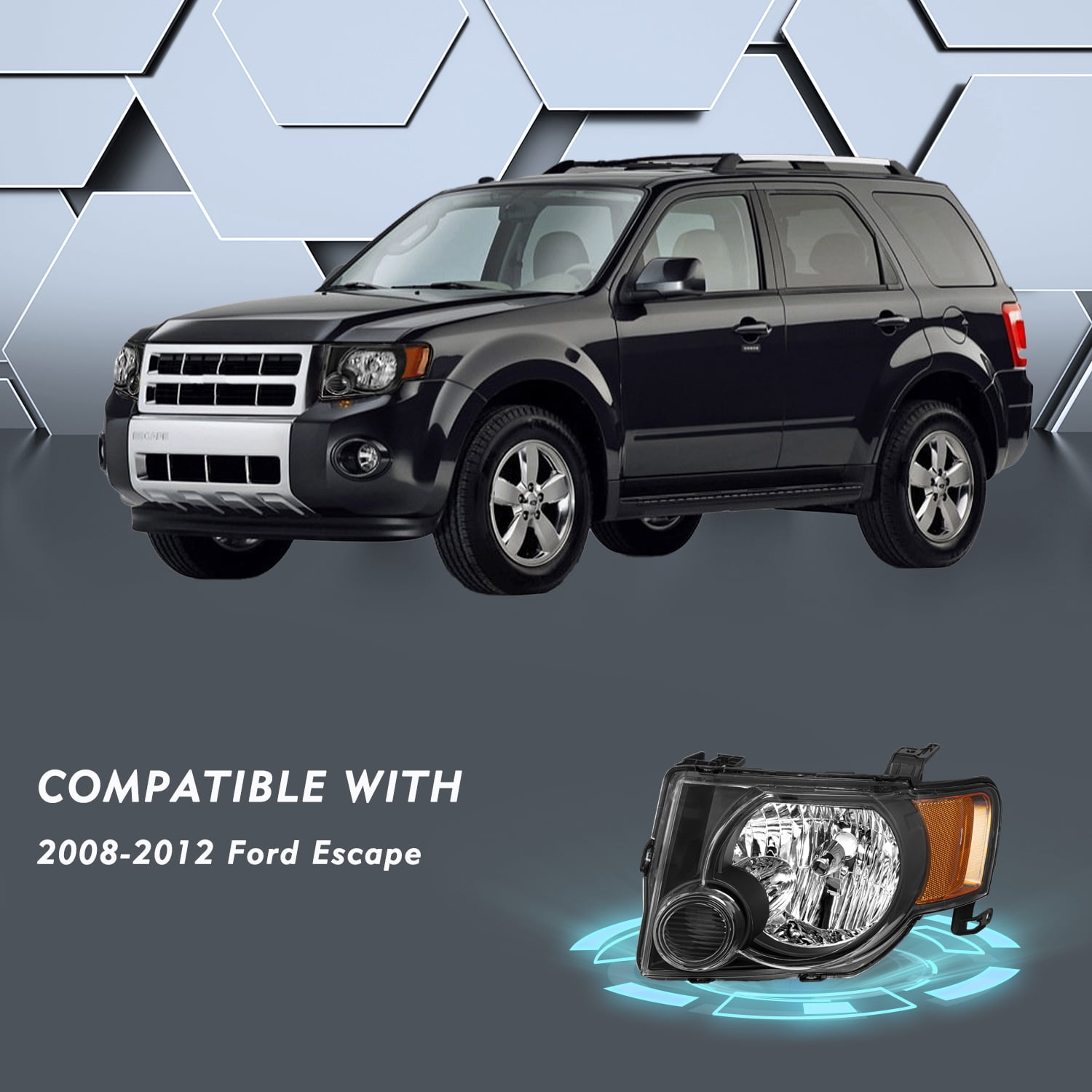 For 2008-2012 Ford Escape SUV Black Headlights Assembly Amber Corner Lamps Pair