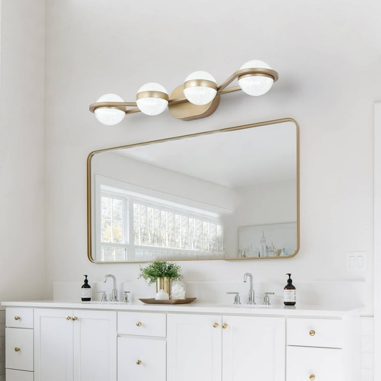 LED Bathroom Vanity Lights Fixtures 4 Lights Brushed Brass Globe Glass Shade Over Mirror