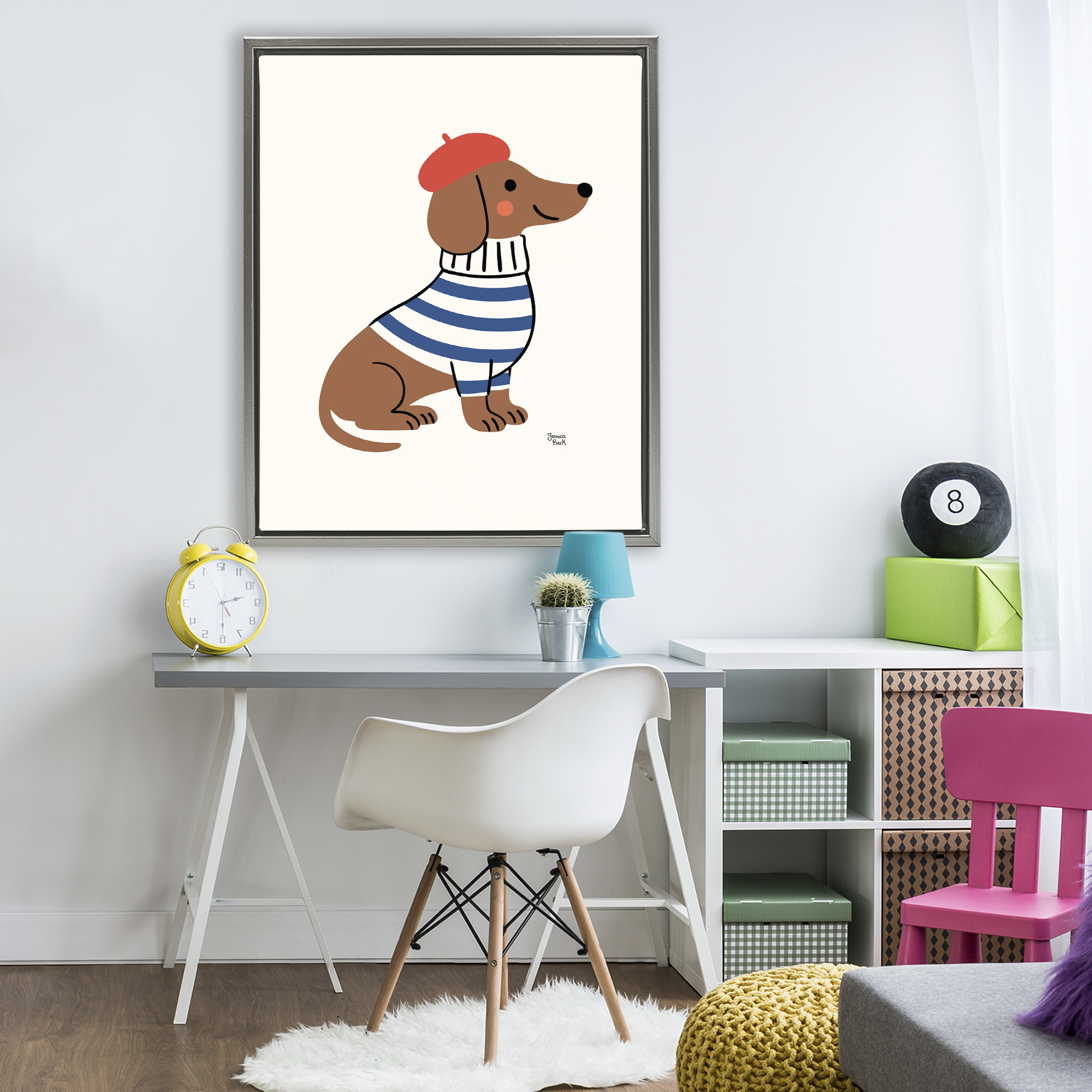 French Dachshund in Beret Gray Framed Floater Canvas Wall Art, design by Jessica Beck