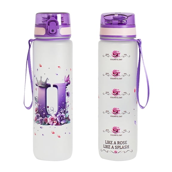 Water Bottle Insulated Tumbler Travel Mug 1L Frosted A-Z Letter Portable Plastic Flask 1 Pack Drinkware, Detachable Carry Strap, Wide Mouth Fill for Fitness Hiking Outdoor Summer Juice Serving