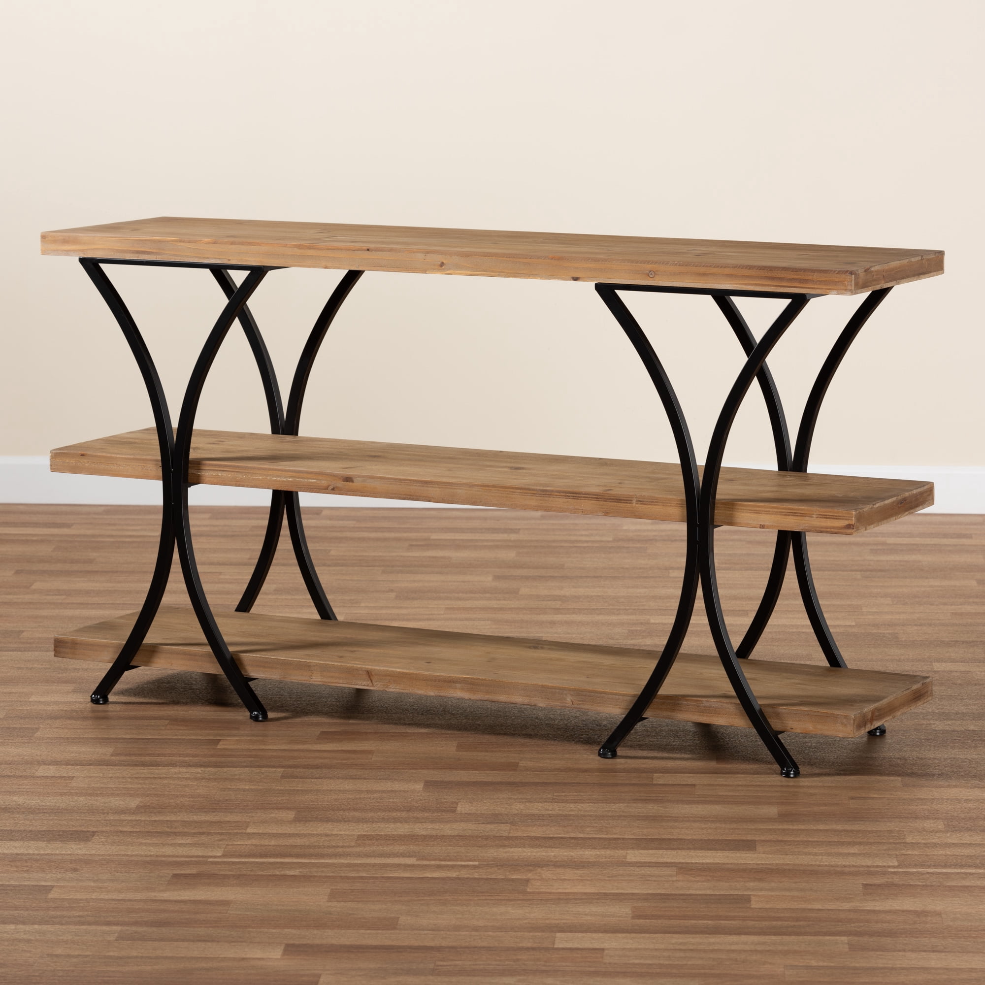 Baxton Studio Terrell Industrial Wood and Metal 3 Tier Console Table, Natural