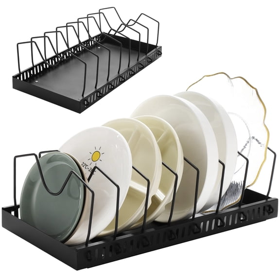 2 Pack Pull Out Cabinet Organizer for Pots and Pans, Carbon Steel Storage Rack with 7 Adjustable Dividers, Black Coated Pan & Skillet Organizer, 16.5 x 8.3 in for Kitchen Cabinet