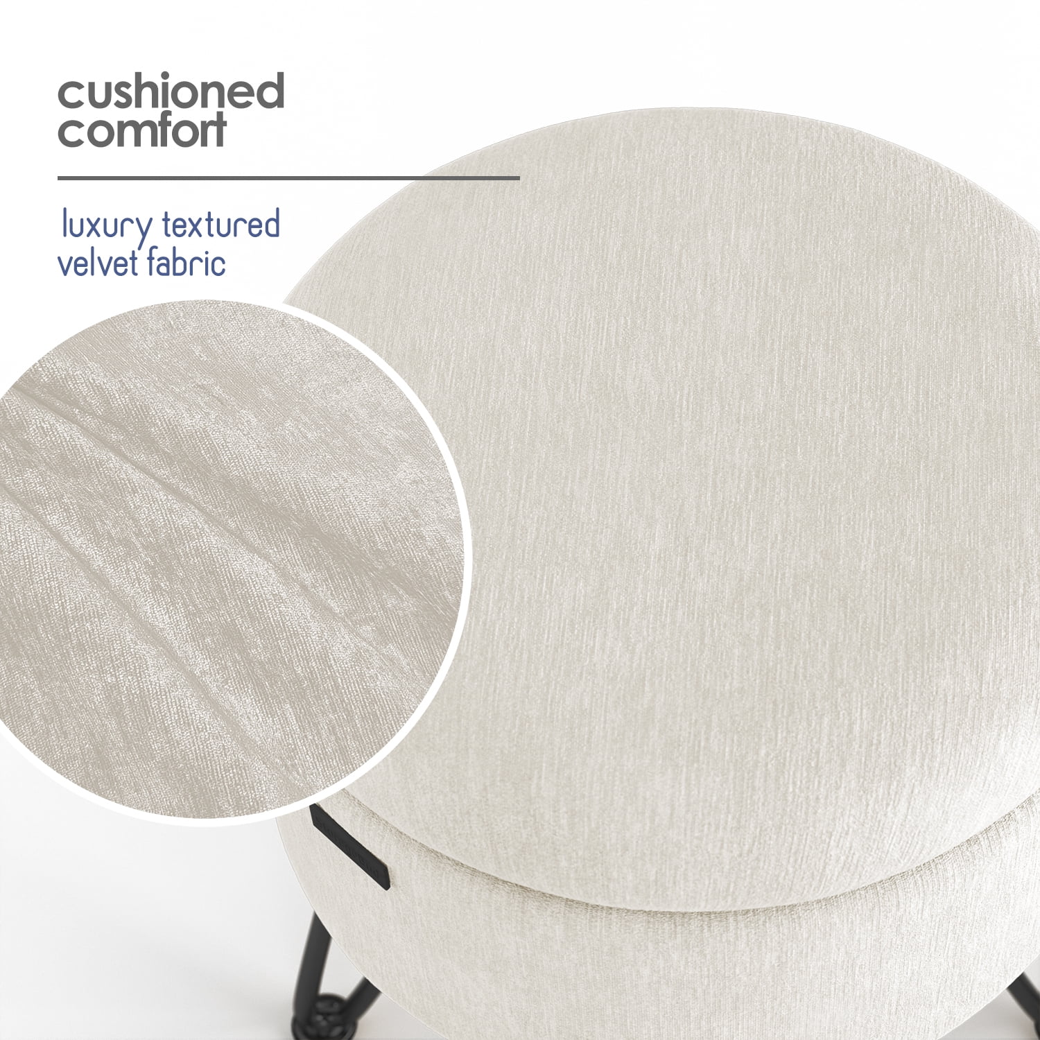 LammaLoe Small Round Ottoman with Storage, Textured Velvet Ottoman Foot Stool with Lid, Upholstered Vanity Stool for Living Room & Bedroom, Cream