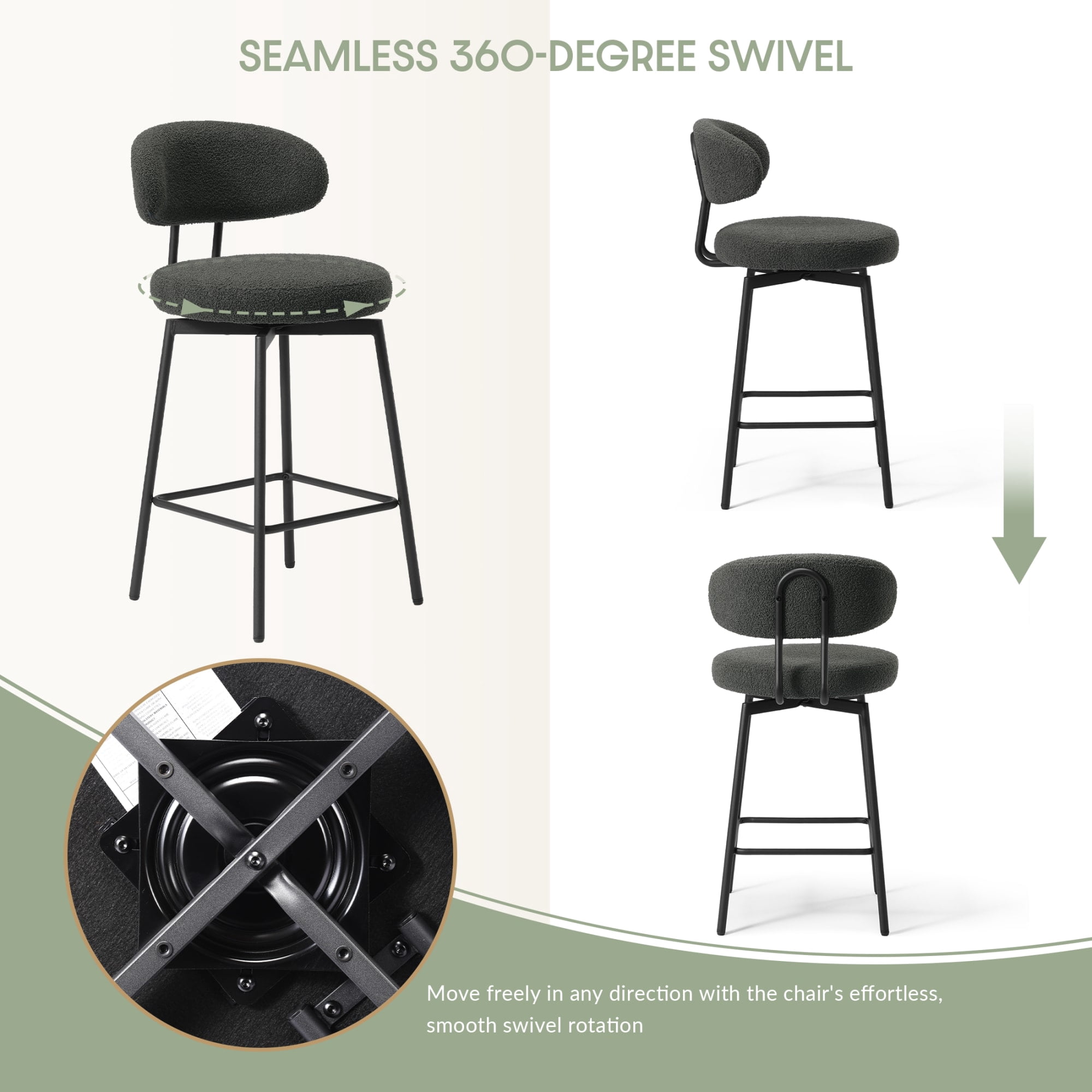 WestinTrends Alexandria Modern Upholstered Sherpa Fabric Counter Height Bar Stools with Back (Set of 2), Charcoal Gray
