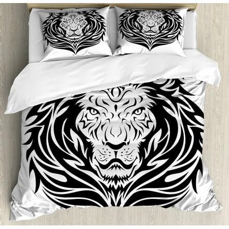 Black And White King Size Duvet Cover Set Monochrome Lion Head