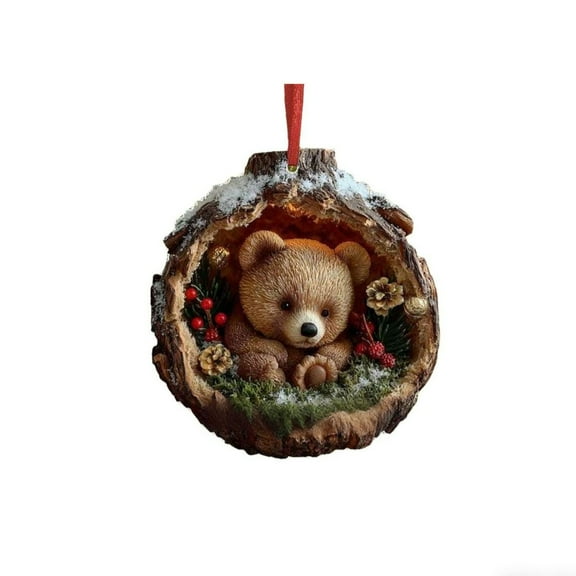 Taicans forest Animal Christmas Ornament - Acrylic Bear in Hollow Log,Winter Scene Holiday Decor,Unique Gift for Animal Lovers,Rustic Nature-Themed Home Decor,Christmas Tree Hanging Ornament