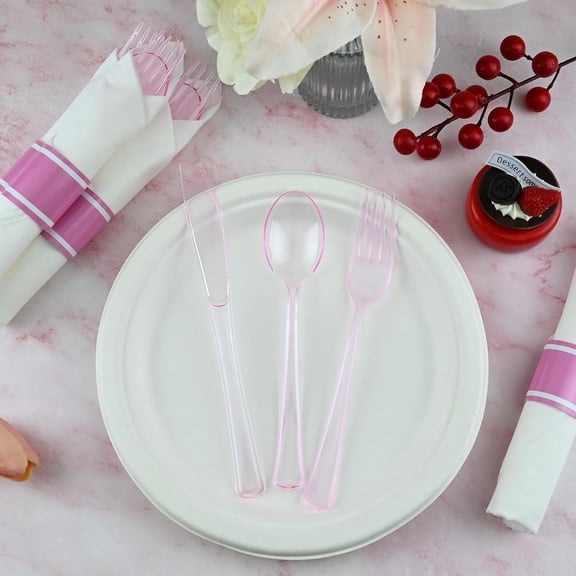 Pink Pre-Rolled Cutlery Sets 100 Pack - Heavy Duty Plastic Silverware, Wrapped Disposable Silverware & Napkins for Weddings, Parties, Events (100 sets)