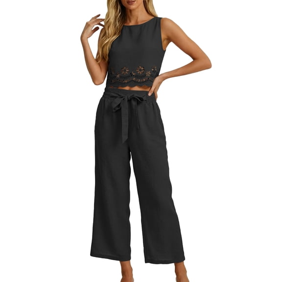 XFeng.Women's Sleeveless Lace Two Piece Shorts Set, Solid Color Round Neck Hollow Out Casual Romper Outfit.Black.S