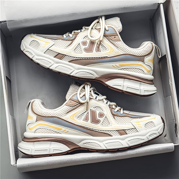 Perfect-Men'S Breathable Mesh Sneakers - with Thick Cushioned Sole, Yellow Accents, ,Stylish Low-Top Casual & Running Shoes and Lace-Up Design for All-Season Comfort, Outdoor Footwear, Modern Sneake