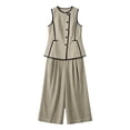 thumbnail image 6 of Karymi Tops for Women Trendy 2 Piece Contrast Piping Outfit Set, Crew Neck Sleeveless Button Vest Top+Pleated Cuffed Cropped Wide Leg Capri Pants with Pockets Womens Workout Tops, 6 of 6