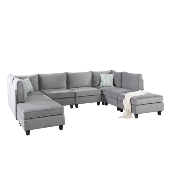 Lilola Home 8 Piece U Shape Velvet Modular Sectional Sofa with 2 Ottomans, Gray
