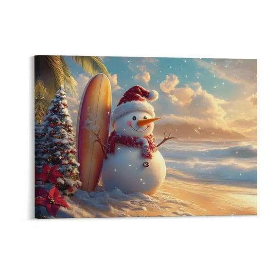 Framed Snowman Christmas Wall Art Whimsical Beach Snowman Pictures Wall Decor Christmas Canvas,Christmas Holiday Decor for Home and Office