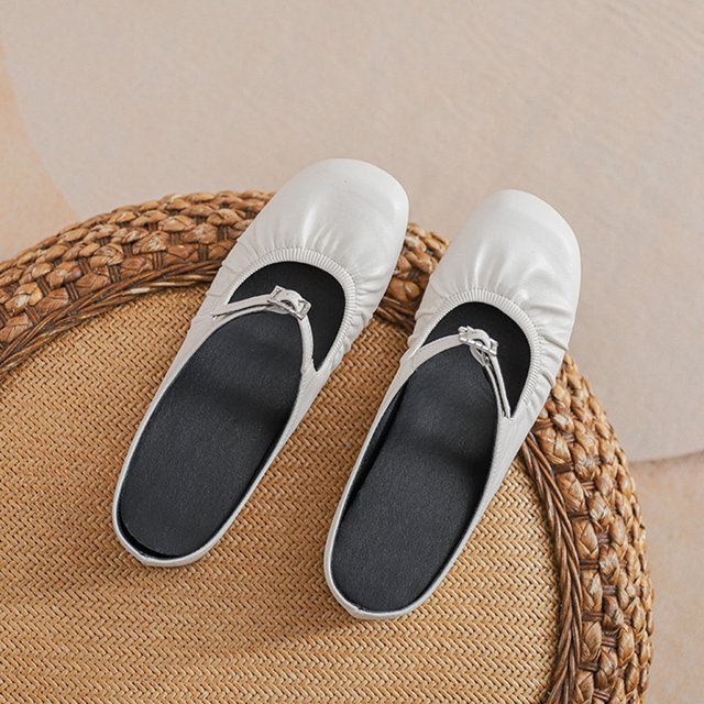 Zapatos mulas mulas cerradas doe plisado Mary Jane Flats se desliza en toboganes (36) beige