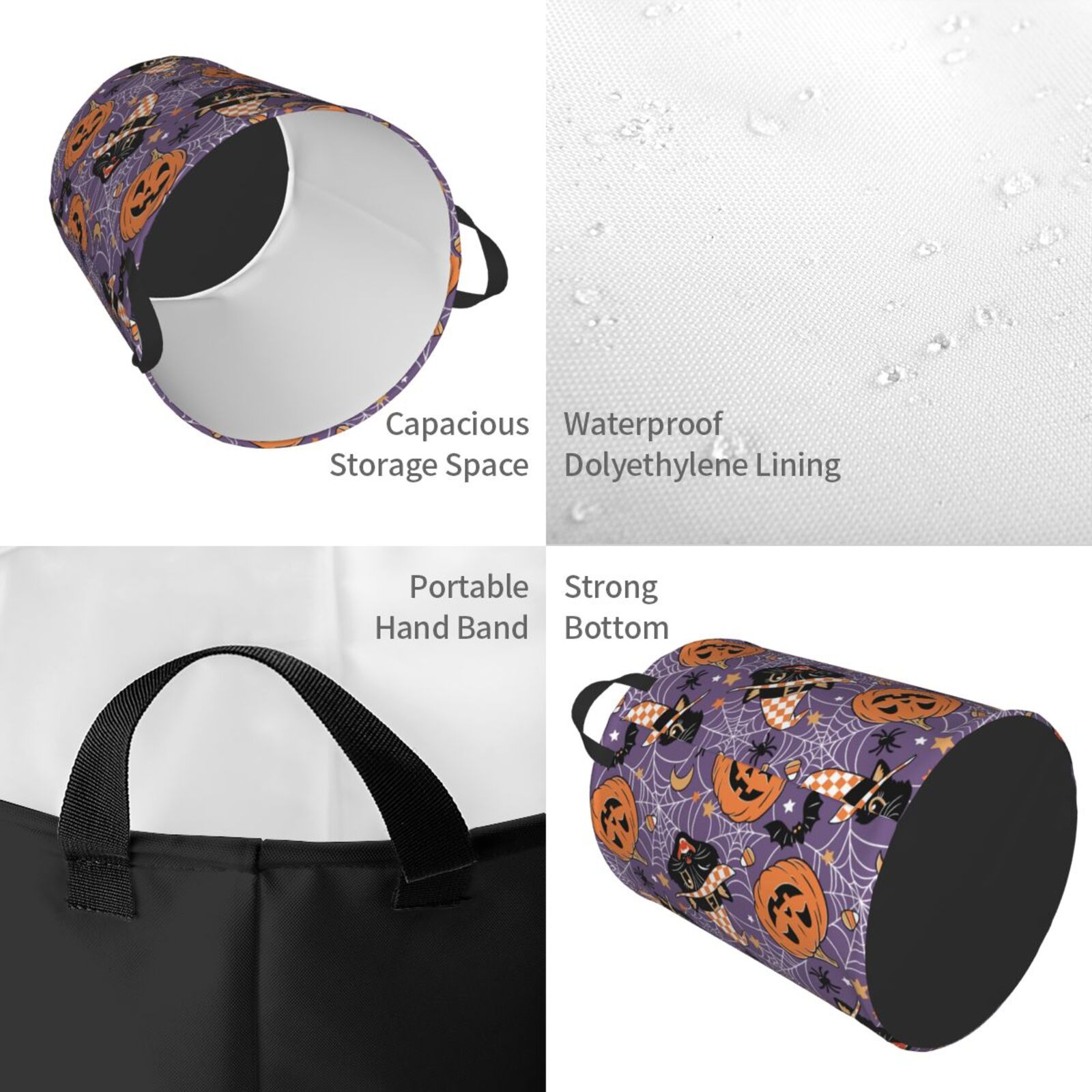 Fuzoiu Vintage Halloween Black Cat Print Circular Hamper,Laundry Basket with Handle,Collapsible Laundry,Dirty Clothes Storage Basket,for Bedroom Bathroom Dorm Living Room-Small