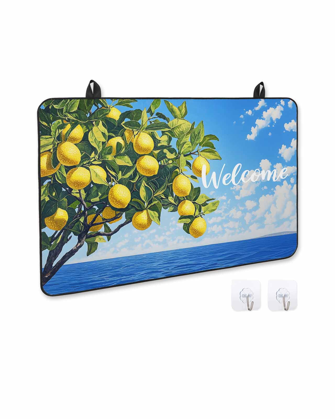 nqOlkjepod Large Induction Cooktop Protector Mat 36"x21", Coastal Lemon Stove Top Covers for Electric Stove, Summer Ocean Sea Yellow Fruits Leaf Tree Stove Burner Cover Mats, Glass Top Stove Cover