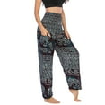 thumbnail image 3 of SWSMCLT Women's Smocked Waist Yoga Pant Boho Elastic Waist Harem Pants Tapered Leg Elephant Printed Bohemian Hippie Cinch Bottom Thai Indian Jogger Black One Size, 3 of 5
