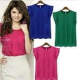 thumbnail image 3 of Women‘s Candy Color Loose Chiffon Shirt Top  Neck Short Ruffle Sleeves, 3 of 3