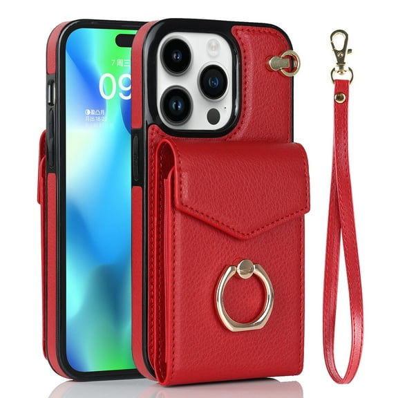 For iPhone 14/14 Pro/14 Pro Max/14 Plus Case Cover,Shockproof Luxury Leather Back Wallet Card Ring Case With Long Lanyard