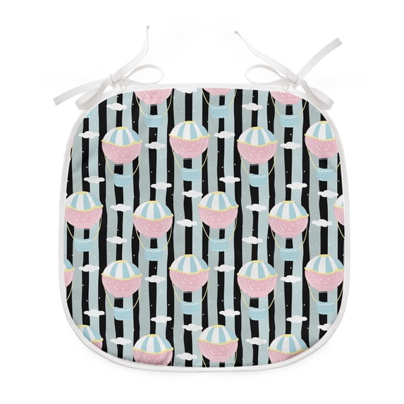 Air Balloon Dining Chair Pad, Travel Adventures Clouds Doodle Striped Background, Water Resistant Pillow with Straps for Kitchen Seats, 2 Pieces Set, Multicolor, by Ambesonne