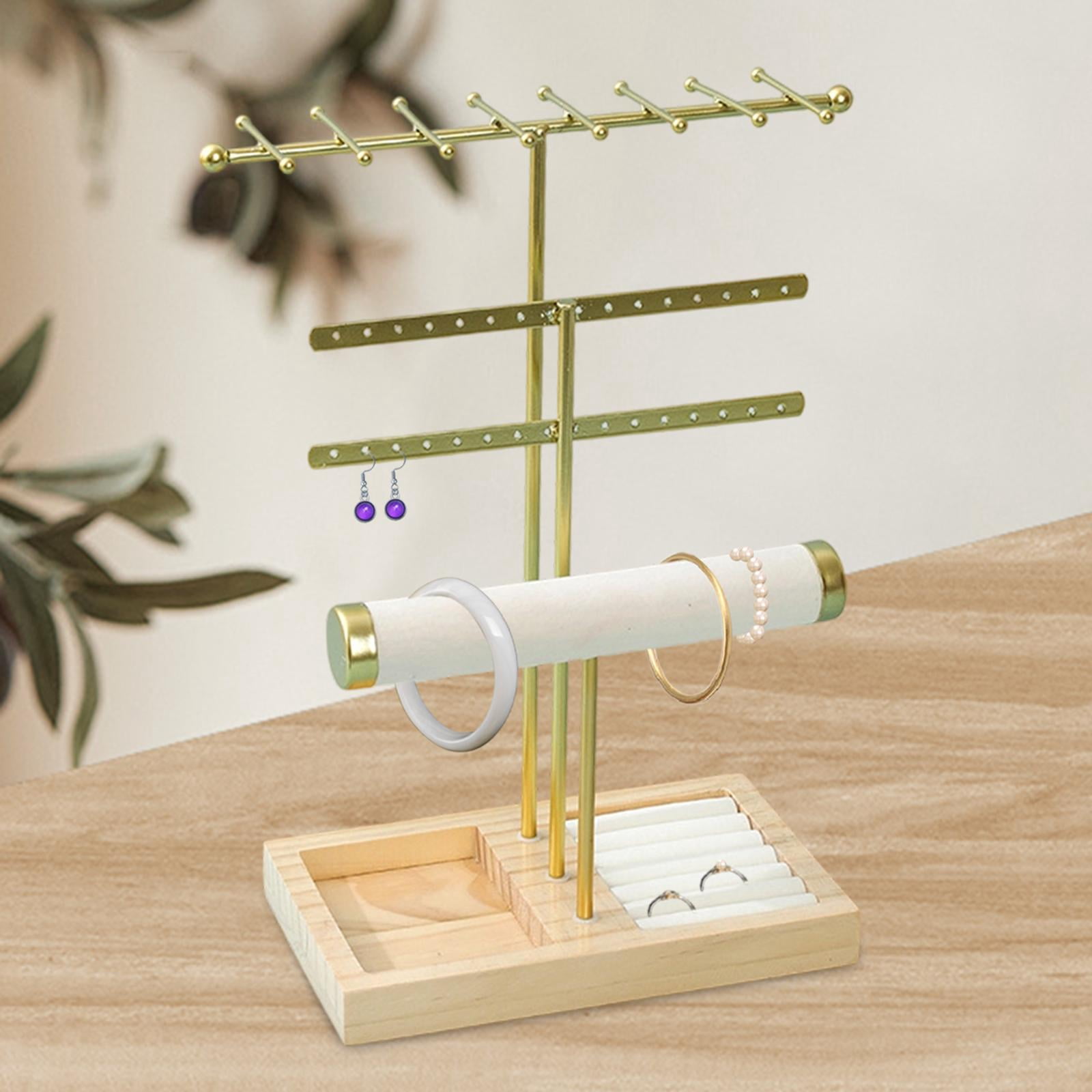 Jewelry Organizer Earring Holder Necklace Hanger with Wooden Base for Home Tabletop Dresser