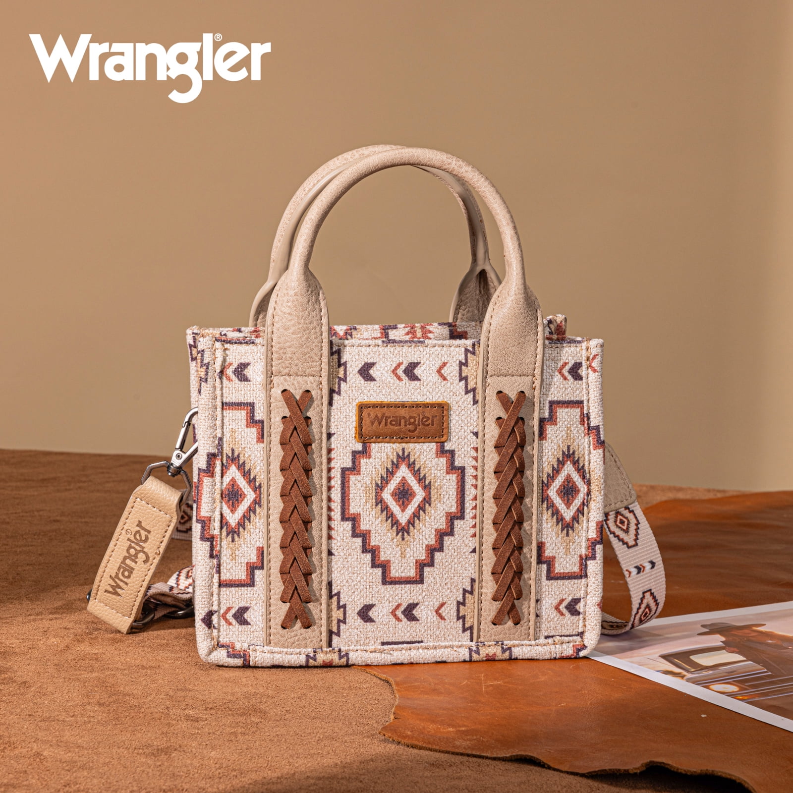 Wrangler Mini Tote Bag Small Top Handle Bag Ladies Woven Satchel Handbag, Tan