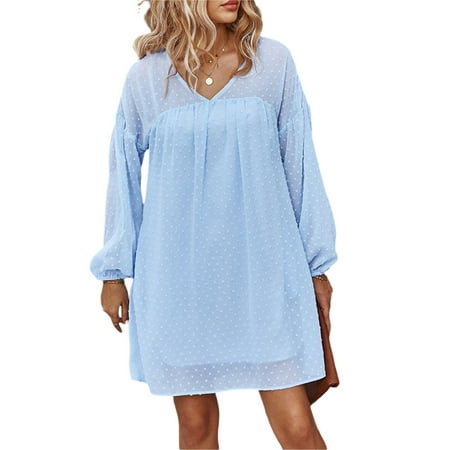 

Female Dress Adults Solid Color Dots V-Neck Long Sleeve One-Piece