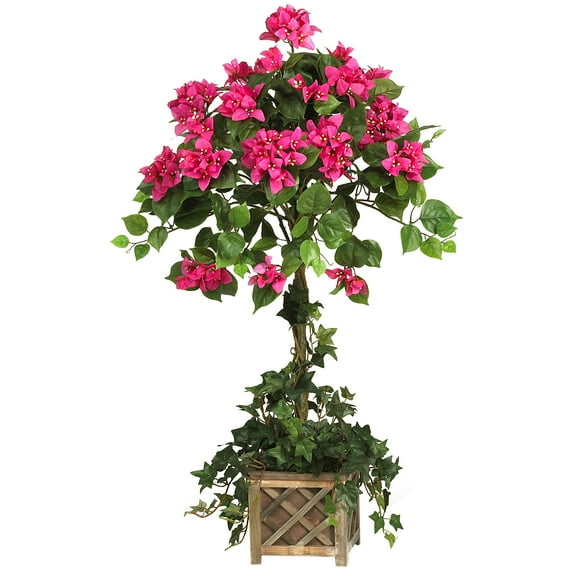 Nearly Natural 34" Bougainvillea Artificial Topiary with Wood Planter Box, Pink