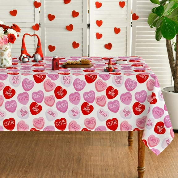 Valentine''s Day Tablecloth 60×84 Inch Rectangle, Pink Colored Love Hearts with Words Washable Table Cover for Party Picnic Dinner Decor