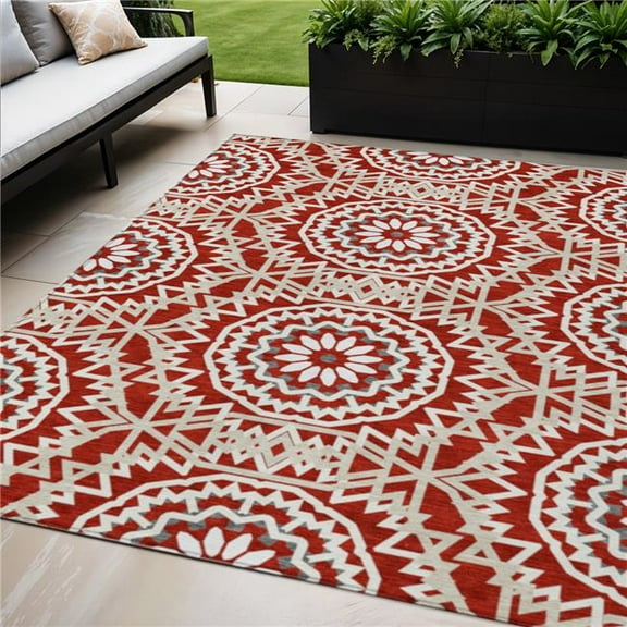 HomeRoots 578671 5 x 8 ft. Floral Medallion Washable Indoor & Outdoor Rectangle Area Rug, Red, Beige & Ivory