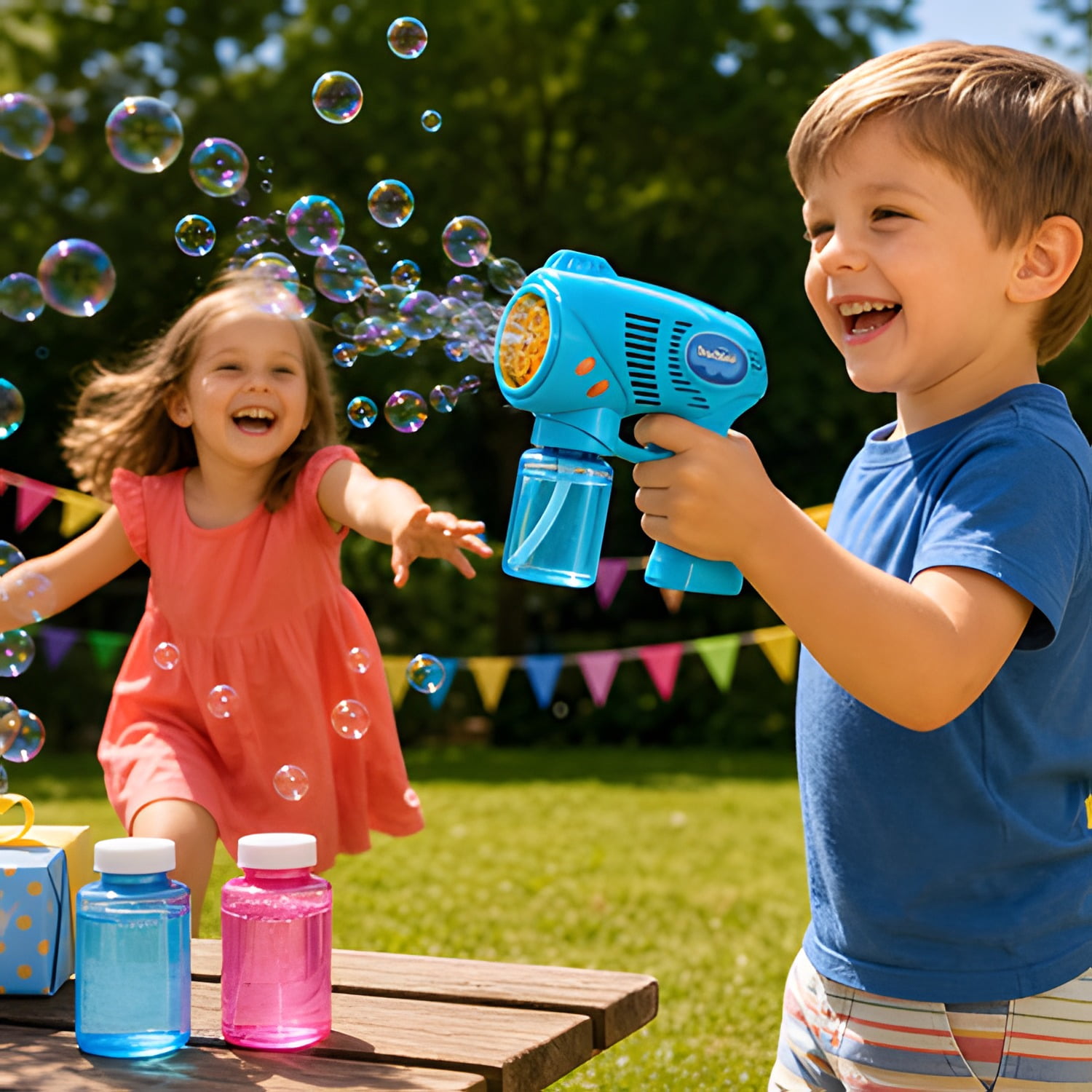 2 Kids Bubble Gun with 2 Bottles Refill Solution, Bubble Machine Gun for Toddlers 1-3 Kids 4-8, Party Favors, Summer Toy, Outdoors, Easter, Birthday Gift